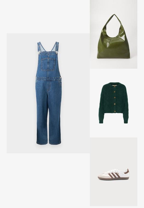 Jeanssalopette met verstelbare bandjes, een voorzak en zijzakken. De kleur is een middeldonkere blauwe tint met een licht vervaagde structuur.; Groene gebreide cardigan met een textuurpatroon, ronde halslijn en vijf bruine knopen aan de voorkant. Verkorte lengte, geribbelde manchetten.; Witte Adidas Samba sneaker met bruine suède strepen, bruine rubberen zool en beige suède neuskap, getoond vanaf de buitenkant op een effen achtergrond.; Groene leren hobotas met een slordig ontwerp, gebogen handvat en een gladde textuur. Bevat geen zichtbare hardware of accenten.