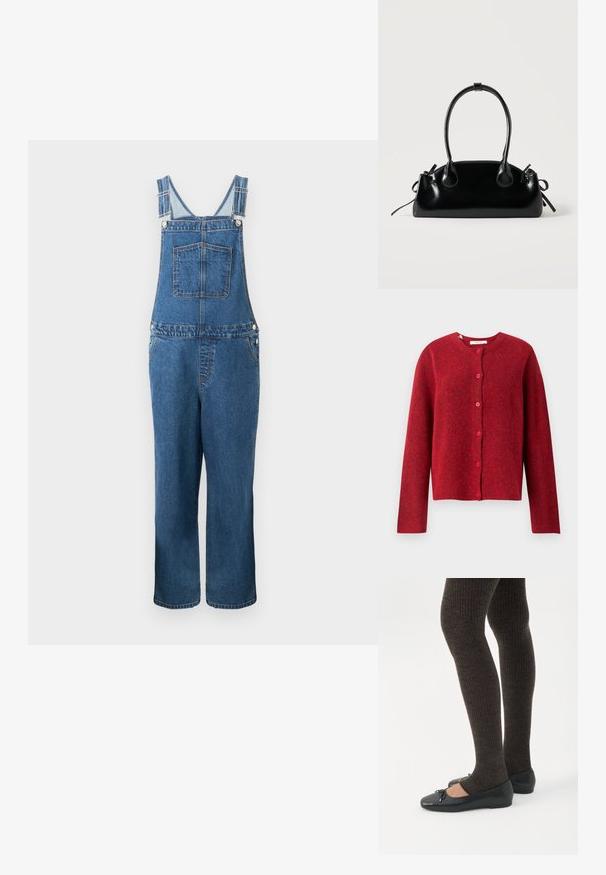 Denim overalls med justerbare stropper, en frontlomme og sidelommer. Farven er en mellemblå med en let falmet struktur.; Selected SLFLULU - Cardigan - equestrian red; Ben iført mørke ribbede leggings kombineret med sorte balletsko med små sløjfedetaljer på hvid baggrund.; Lille sort blank håndtaske med to lange håndtag og snøre-detaljer i siden på en ensfarvet lys baggrund.