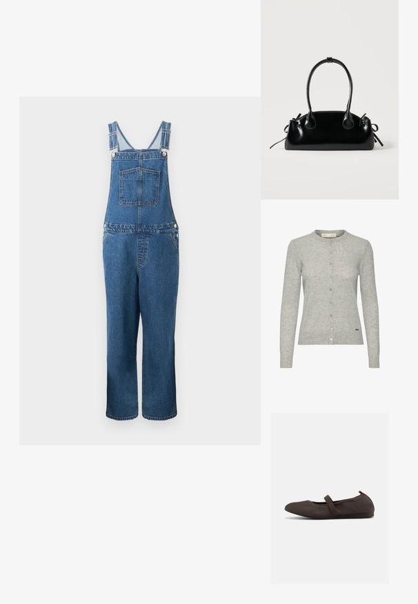 Denim overalls med justerbare stropper, en frontlomme og sidelommer. Farven er en mellemblå med en let falmet struktur.; Lys grå cardigan lavet af tekstureret stof, med rund halsudskæring, langærmede og knaplukning med knapper i forskellige farver.; Brun balletsko med elastisk rem og rundet tå, vist mod en hvid baggrund, sideudsigt.; Lille sort blank håndtaske med to lange håndtag og snøre-detaljer i siden på en ensfarvet lys baggrund.