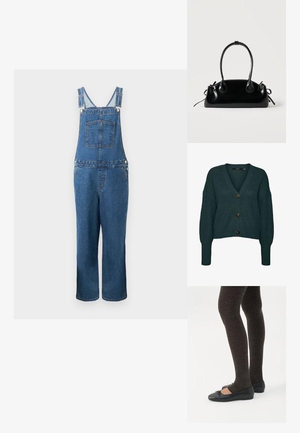 Denim overalls med justerbare stropper, en frontlomme og sidelommer. Farven er en mellemblå med en let falmet struktur.; Mørkegrøn chunky strikket cardigan med tre store knapper, V-hals, lange ærmer samt ribkant ved ærmer og skørt.; Ben iført mørke ribbede leggings kombineret med sorte balletsko med små sløjfedetaljer på hvid baggrund.; Lille sort blank håndtaske med to lange håndtag og snøre-detaljer i siden på en ensfarvet lys baggrund.
