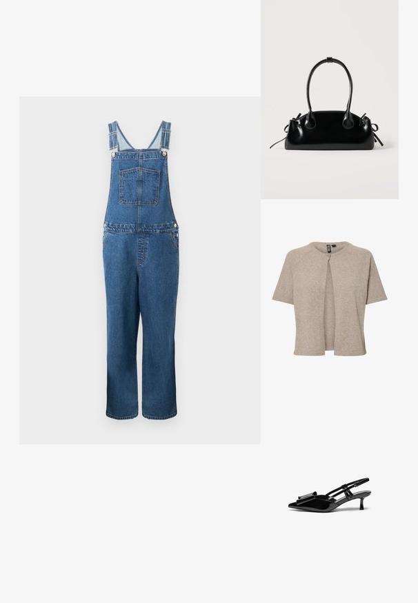 Denim overalls med justerbare stropper, en frontlomme og sidelommer. Farven er en mellemblå med en let falmet struktur.; Beige strikket cardigan med rund hals, korte ærmer og knaplukning fortil, designet med en afslappet pasform og blød tekstur.; Sorte patenterede læderslingbacks med spids tå, en sløjfedetalje foran og en lille stilettohæle. Remmene har justerbare spænder.; Lille sort blank håndtaske med to lange håndtag og snøre-detaljer i siden på en ensfarvet lys baggrund.