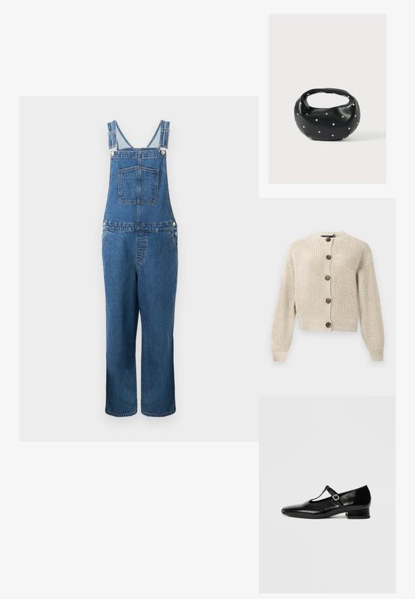 Salopette en denim avec des bretelles réglables, une poche frontale et des poches latérales. La couleur est un bleu moyen avec une texture légèrement décolorée.; Gilet en tricot beige avec des manches longues et cinq grands boutons marron sur le devant, présentant un col et des poignets côtelés.; Chaussures Mary Jane en cuir noir avec bout pointu, petit talon carré et bride ajustable avec une boucle argentée. Texture lisse et brillante.; Sac à main en cuir noir de forme arrondie, décoré de clous argentés et équipé d'une poignée courte. Texture lisse et fermeture éclair.