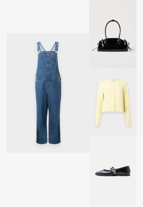 Salopette en denim avec des bretelles réglables, une poche frontale et des poches latérales. La couleur est un bleu moyen avec une texture légèrement décolorée.; Cardigan jaune à côtes avec manches longues, encolure ronde et cinq boutons sur le devant. Texture douce avec une coupe cropped.; Chaussure plate en cuir verni noir avec bout carré, détail de boucle sur le côté et petit talon arrondi. Texture lisse et design minimaliste.; Petit sac à main noir brillant avec deux longues anses et des détails à cordon sur les côtés sur un fond clair uni.