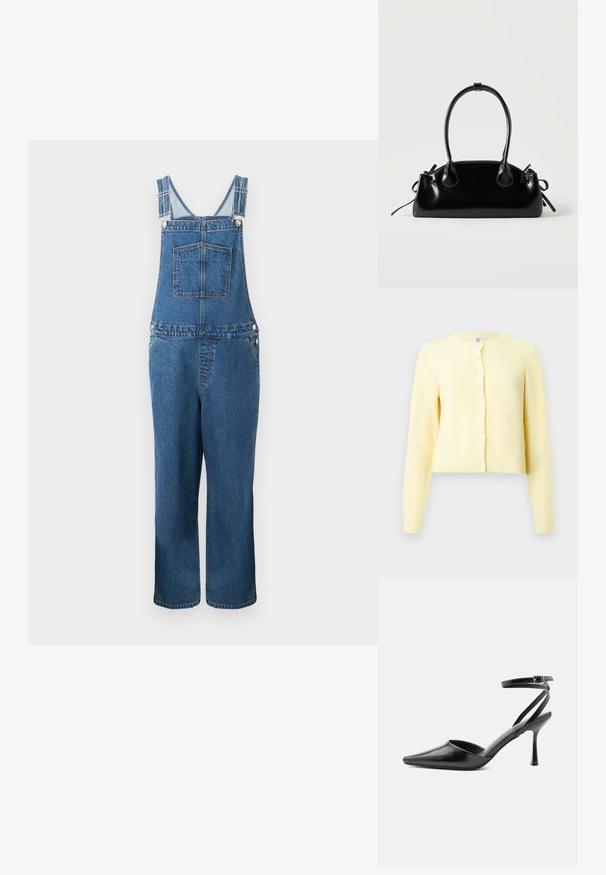 Jeanssalopette met verstelbare bandjes, een voorzak en zijzakken. De kleur is een middeldonkere blauwe tint met een licht vervaagde structuur.; Geel geribbeld vest met lange mouwen, ronde halslijn en vijf knoopsluitingen aan de voorkant. Zachte textuur met een cropped fit.; Zwarte pumps met puntige neus, dunne enkelbandjes en een zilveren gesp op een effen lichte achtergrond.; Kleine zwarte glanzende handtas met twee lange hengsels en zijkant trekkoord details op een effen lichte achtergrond.