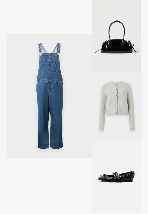 Jeanssalopette met verstelbare bandjes, een voorzak en zijzakken. De kleur is een middeldonkere blauwe tint met een licht vervaagde structuur.; Lichtgrijze cardigan van een zachte, textuurrijke stof. Heeft een ronde halslijn, lange mouwen en een knopenfront met zes knopen.; Zwarte platte balletschoen met dubbele gespsluitingen, zilveren oogjes en een klein strikje nabij de afgeronde neus op een witte achtergrond.; Kleine zwarte glanzende handtas met twee lange hengsels en zijkant trekkoord details op een effen lichte achtergrond.