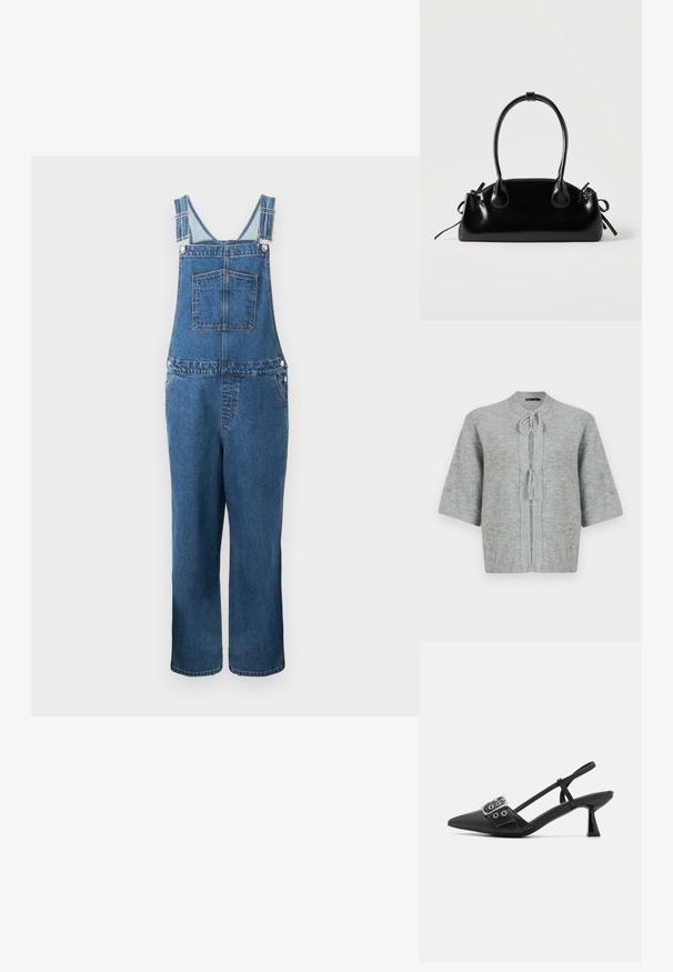 Denim overalls med justerbare stropper, en frontlomme og sidelommer. Farven er en mellemblå med en let falmet struktur.; Grå kortærmet cardigan lavet af blødt strikstof, med en rund halsudskæring, snøre lukning og ribbede kanter for ekstra tekstur.; Simmi London DALA - Pumps - black; Lille sort blank håndtaske med to lange håndtag og snøre-detaljer i siden på en ensfarvet lys baggrund.