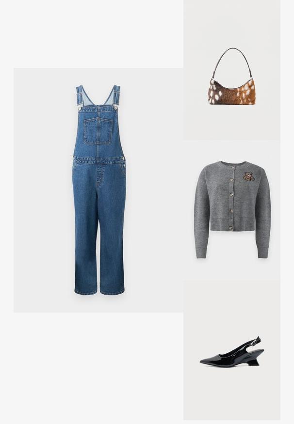 Salopette en denim avec des bretelles réglables, une poche frontale et des poches latérales. La couleur est un bleu moyen avec une texture légèrement décolorée.; Gilet en tricot gris avec un col rond, un ourlet à côtes, cinq boutons et un détail brodé d'ours sur le côté gauche.; Chaussure slingback en cuir verni noir avec bout pointu et petit talon bloc incliné sur fond clair uni.; Sac à bandoulière en fausse fourrure tachetée marron et blanche avec une fine sangle noire, présenté sur un fond blanc.