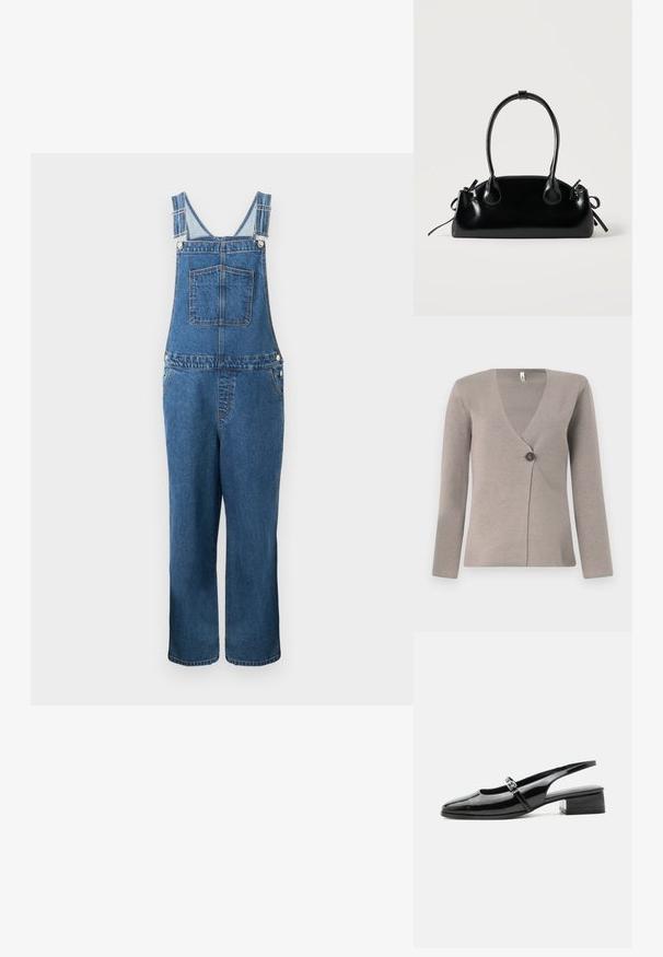 Jeanssalopette met verstelbare bandjes, een voorzak en zijzakken. De kleur is een middeldonkere blauwe tint met een licht vervaagde structuur.; Lichtgrijze cardigan met lange mouwen, V-hals en een enkele donkere knop aan de voorkant, gemaakt van een gestructureerd breiwerk.; Zwarte lakleren slingback schoen met een lage blokhak en een dunne band met zilveren gesp bovenop.; Kleine zwarte glanzende handtas met twee lange hengsels en zijkant trekkoord details op een effen lichte achtergrond.