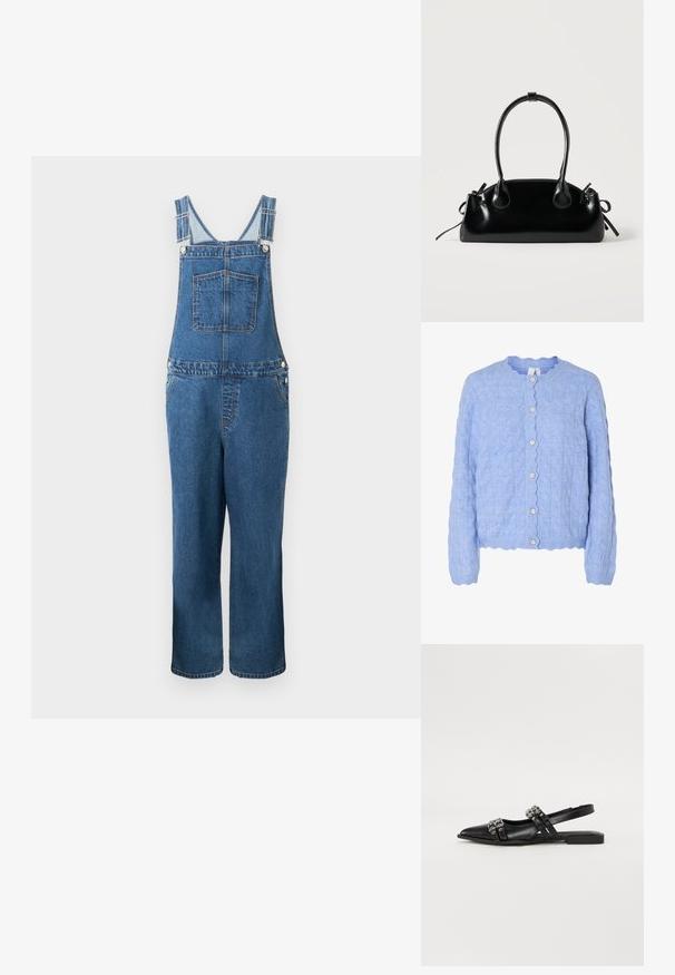 Denim overalls med justerbare stropper, en frontlomme og sidelommer. Farven er en mellemblå med en let falmet struktur.; Lys blå strikket cardigan med en scallop-udskæring, der har et kabelmønster og fem perlelignende knapper foran.; Even&Odd by Zalando Slingback-ballerinasko - black; Lille sort blank håndtaske med to lange håndtag og snøre-detaljer i siden på en ensfarvet lys baggrund.