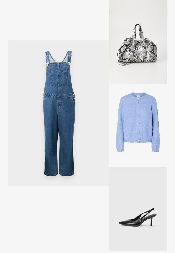 Jeanssalopette met verstelbare bandjes, een voorzak en zijzakken. De kleur is een middeldonkere blauwe tint met een licht vervaagde structuur.; Lichtblauwe gebreide cardigan met een gegolfde halslijn, voorzien van een kabelpatroon en vijf parelachtige knopen aan de voorkant.; Zwarte leren slingback hoge hak schoenen met puntige neus en slanke hak op een witte achtergrond.; Zwart-wit handtas met slangenhuidpatroon, voorzien van twee handvaten, een trekkoordsluiting en een afneembare schouderriem. Hanteert een gladde textuur.
