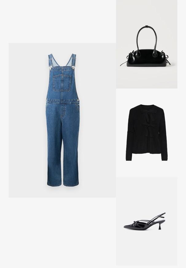 Jeanssalopette met verstelbare bandjes, een voorzak en zijzakken. De kleur is een middeldonkere blauwe tint met een licht vervaagde structuur.; Zwarte gebreide cardigan met een ronde hals, voorzien van twee voorknoopjes en een gestructureerd patroon. Lange mouwen en een cropped lengte.; Zwarte slingback pump van lakleer met een spits toelopende neus, lage kittenhak en decoratieve knoopstrik aan de voorkant.; Kleine zwarte glanzende handtas met twee lange hengsels en zijkant trekkoord details op een effen lichte achtergrond.