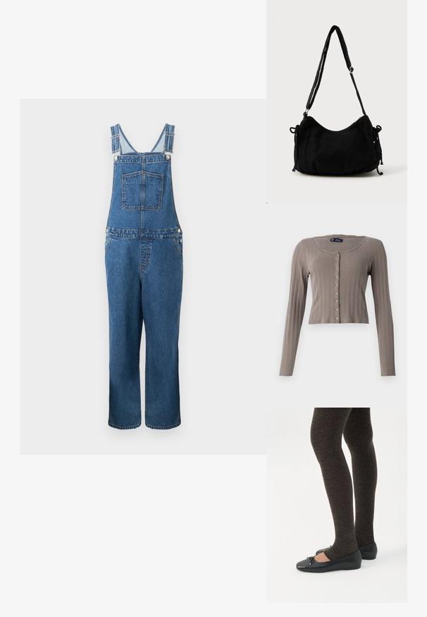 Jeanssalopette met verstelbare bandjes, een voorzak en zijzakken. De kleur is een middeldonkere blauwe tint met een licht vervaagde structuur.; Langsleeve, cropped cardigan in lichtbruin ribstof. Heeft een ronde halslijn en knoopsluiting met metalen accenten.; Benen met donkere geribbelde leggings gecombineerd met zwarte ballerina's met kleine strikdetails op een witte achtergrond.; Zwarte corduroy schoudertas met een gebogen vorm, een verstelbare schouderband en trekkoordsluitingen aan beide zijkanten voor maataanpassing.