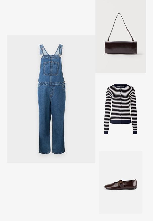 Jeanssalopette met verstelbare bandjes, een voorzak en zijzakken. De kleur is een middeldonkere blauwe tint met een licht vervaagde structuur.; Marineblauw en crèmekleurig gestreepte cardigan, gemaakt van zachte gebreide stof, met een ronde hals, lange mouwen en knoopsluiting aan de voorkant.; Donkerbruine lakleren platte schoen met een grote gouden gesp en een afgeronde teen, zijaanzicht op een witte achtergrond.; Rechthoekige zwarte leren handtas met een enkele lange schouderband en een glanzende afwerking, weergegeven tegen een effen witte achtergrond.