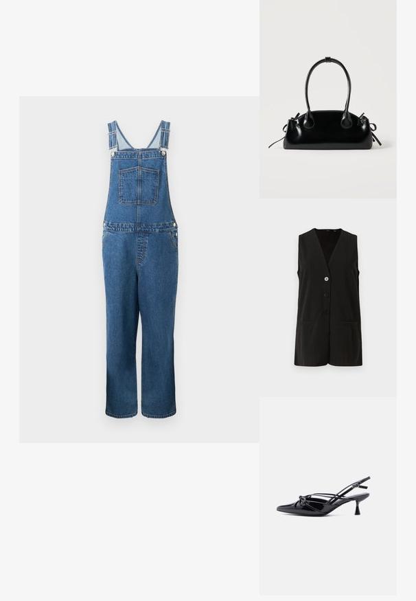 Salopette en denim avec des bretelles réglables, une poche frontale et des poches latérales. La couleur est un bleu moyen avec une texture légèrement décolorée.; Gilet noir sans manches avec un col en V, doté de quatre boutons et de deux poches avant, fabriqué en tissu lisse.; Escarpin slingback en cuir verni noir, bout pointu, petit talon kitten et nœud décoratif noué à l'avant.; Petit sac à main noir brillant avec deux longues anses et des détails à cordon sur les côtés sur un fond clair uni.