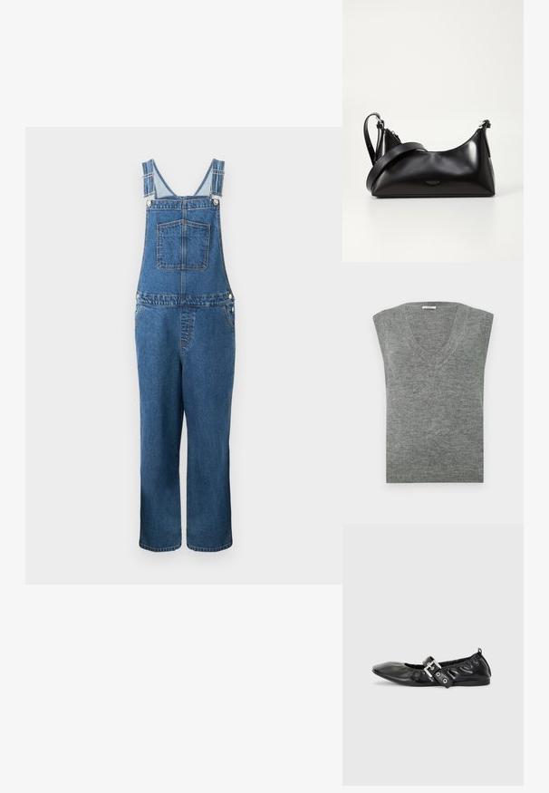 Jeanssalopette met verstelbare bandjes, een voorzak en zijzakken. De kleur is een middeldonkere blauwe tint met een licht vervaagde structuur.; Grijze mouwloze V-hals trui vervaardigd uit zacht materiaal met een gladde textuur en geribbelde halslijn. Eenvoudig ontwerp, geen patronen of accenten.; Zwarte leren platte schoen met een spitse neus, geplooide details rond de opening en een zilveren gespaccentueerde verstelbare band.; Zwarte leren handtas met een gladde textuur. Beschikt over een verstelbare schouderband en een strak, minimalistisch ontwerp met een ritssluiting.