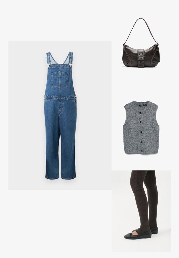 Salopette en denim avec des bretelles réglables, une poche frontale et des poches latérales. La couleur est un bleu moyen avec une texture légèrement décolorée.; Veste sans manches en maille grise avec une texture douce, présentant un col arrondi et six boutons noirs sur le devant.; Jambes portant des leggings côtelés foncés associés à des ballerines noires avec de petits détails en nœud sur fond blanc.; Sac à épaule en cuir marron avec une forme courbée, présentant un détail de boucle proéminent, des coutures contrastantes et une seule bandoulière.