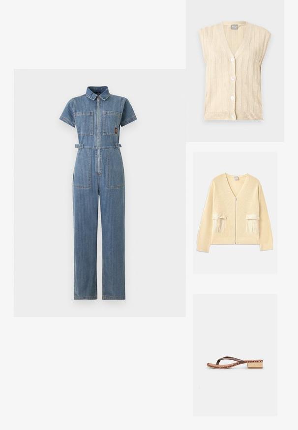 Denimist jumpsuit lühikeste varrukatega, esikinnitus lukuga, kaks rinnataskut, külgmised pandladetailid ja sirged püksid.; Kreemjast lõngast kootud kardigan V-kaelusega, ees tõmblukuga ja kahe klapiga taskuga. Omab ribakujulisi varruka- ja alläärte detaile ning siledat kangast aktsente.; Beežist kootud varrukateta kardigan vertikaalse soonikuga ja nelja valge nupuga eest.; pruun nahast plätu sandaal põimitud äärisega ja madala plokktallaga, looduslikust põimitud tekstuurist, valgel taustal.
