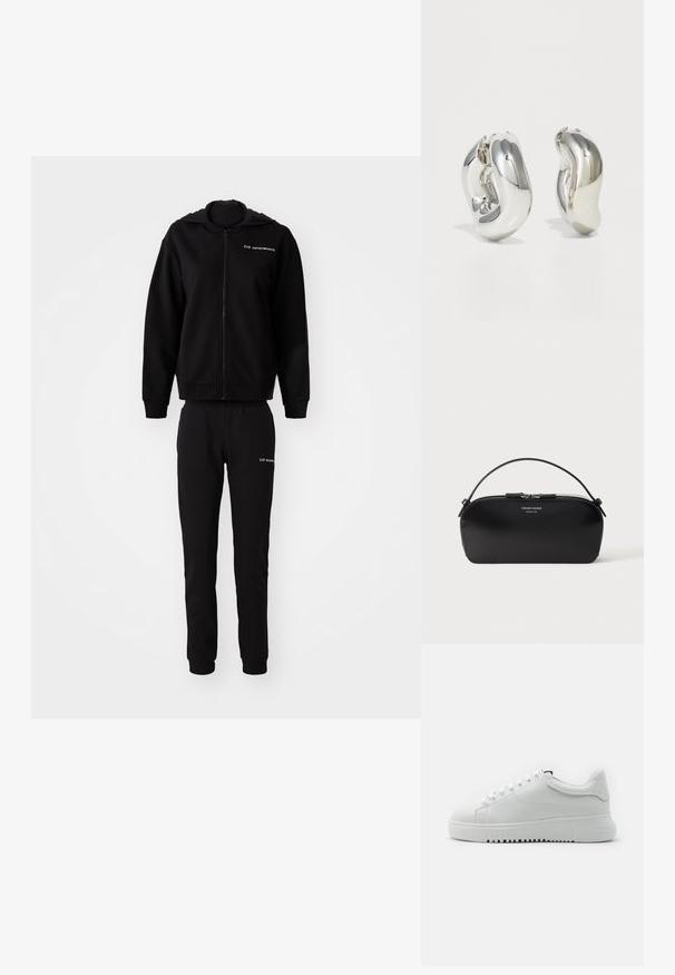 Sweat-shirt noir et joggers assortis, fabriqués en tissu doux. Hoodie avec fermeture éclair, poignets et taille élastiques. Logo imprimé sur les deux pièces.; Baskets blanches avec une tige en cuir texturé, bout rond et lacets. Semelle en caoutchouc blanc épaisse avec un motif de traction texturé.; Petit sac bracelet en cuir noir avec fermeture éclair argentée et poignée courte, logo Emporio Armani Milano 1981 embossé sur le devant.; Boucles d'oreilles sculpturales en argent avec des formes douces et courbes et des surfaces réfléchissantes. Présentent un design de boucle fermée et une forme organique distincte.