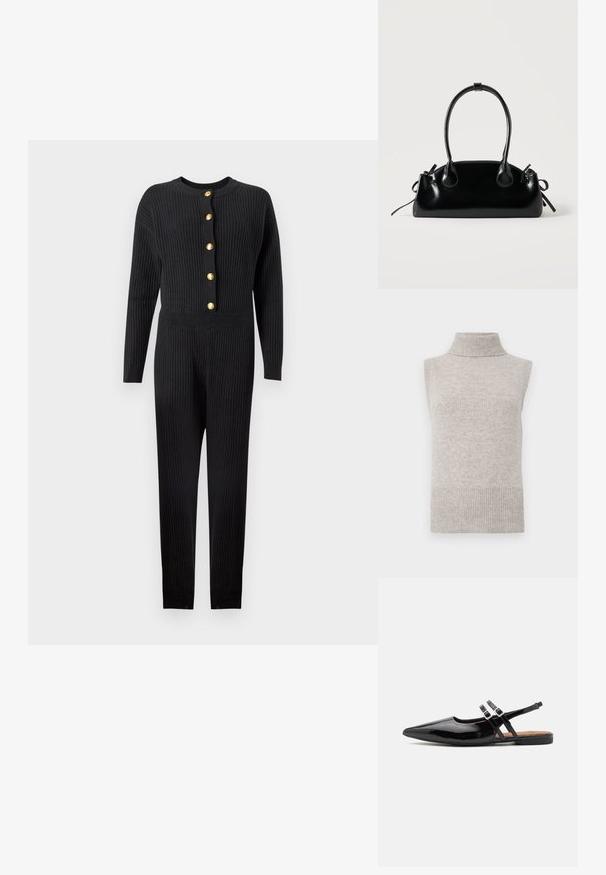Zwart geribd jumpsuit met lange mouwen, voorzien van een ronde hals en gouden knopen aan de voorkant. Soepele textuur en een aansluitend ontwerp.; Mouwloze beige gebreide turtleneck sweater vest met geribde kraag, armsgaten en zoom op een witte achtergrond.; Zwarte gepatineerde leren slingback schoenen hebben een spitse neus, twee banden met gespsieraden en een platte zool.; Kleine zwarte glanzende handtas met twee lange hengsels en zijkant trekkoord details op een effen lichte achtergrond.