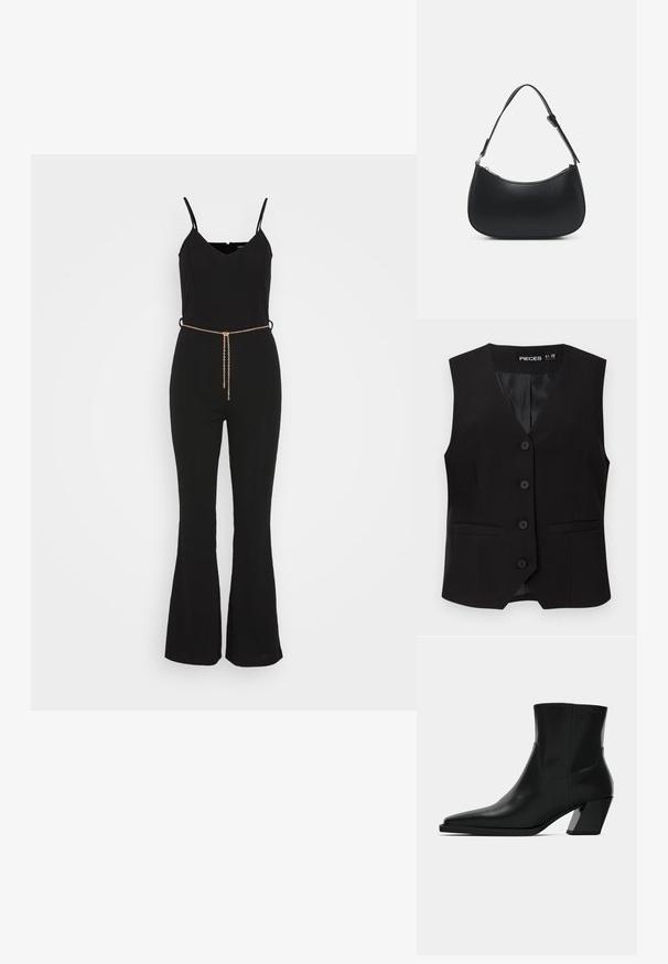 Even&Odd by Zalando Jumpsuit - black; Zwarte mouwloze button-down vest met V-halskraag, twee voorzakken met bies en een gladde binnenvoering, met het label "PIECES".; Zwarte leren enkelboot met een spitse neus, een slanke silhoeet en een chunky vierkante hak. Gladde textuur met minimale stikdetails.; Pieces PCALUANA SHOULDER BAG - Handtas - black