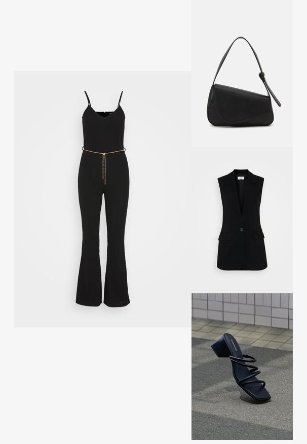 Even&Odd Jumpsuit - black; Zwarte mouwloze vest met een op maat gemaakt ontwerp, voorzien van een enkele knoopsluiting, gestructureerde revers en zijzakken.; Zwarte sandaal met vierkante neus, drie dunne bandjes en blokhak op een stoep bij een betegelde muur.; Zwart leren handtas met een driehoekige vorm, schuine klep en een ronde handgreep. Heeft een gladde textuur en minimalistische ontwerpelementen.