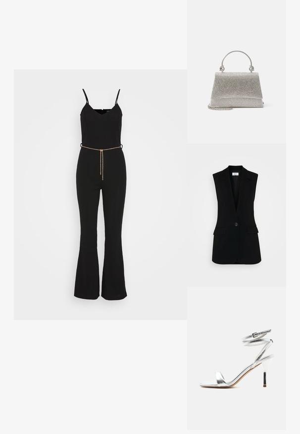 Even&Odd Mono - black; Chaleco negro sin mangas con un diseño ajustado, que presenta un cierre de un solo botón, solapas estructuradas y bolsillos laterales.; Sandalia plateada de tacón alto con tiras que envuelven el tobillo y un delgado tacón de aguja, mostrada de lado sobre un fondo blanco.; ALDO FELISIA - Bolso de mano - silver-coloured