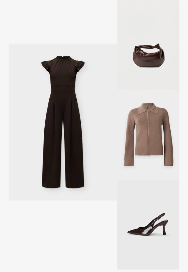 Mono negro con cuello alto y mangas cortas con volantes, cintura ajustada y pantalones de pierna ancha sobre un fondo claro y liso.; Cárdigan marrón de cremallera con cuello, mangas largas, textura acanalada y silueta ajustada. Diseño minimalista, sin marcas ni patrones visibles.; Zapatos de tacón slingback de charol marrón con punta afilada, tacón delgado y correa ajustable con una pequeña hebilla.; Bolso de hombro de cuero marrón oscuro con una forma suave y caída, y un asa con nudo torcido sobre un fondo blanco liso.