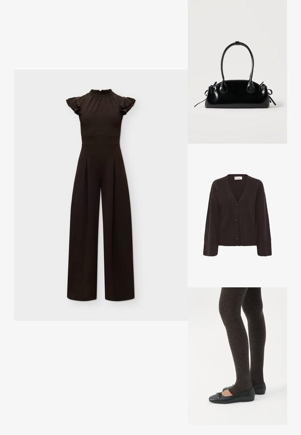 Combinaison noire à col montant avec manches courtes à volants, taille cintrée et pantalons à jambes larges sur fond clair uni.; Cardigan marron foncé avec un col en V, fermeture par boutons et poignets côtelés. Texture douce avec une coupe décontractée et des manches légèrement surdimensionnées.; Jambes portant des leggings côtelés foncés associés à des ballerines noires avec de petits détails en nœud sur fond blanc.; Petit sac à main noir brillant avec deux longues anses et des détails à cordon sur les côtés sur un fond clair uni.
