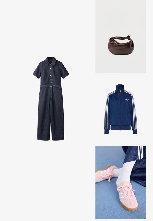 Donkerblauwe denim jumpsuit met korte mouwen, knopen aan de voorkant, kraag, wijde pijpen en zijzakken.; Navyblauwe trainingsjas met rits, witte drie strepen op de mouwen en wit trefoil-logo op de linkerborst, geribde boorden en zoom.; Lichtroze suède sneakers met witte strepen en veters, voorzien van een gestructureerde tong en een gumzool, geplaatst op een blauwe tapijt.; Donkerbruine leren schoudertas met een zachte, slungelige vorm en een gedraaide knoopvormige handgreep op een effen witte achtergrond.