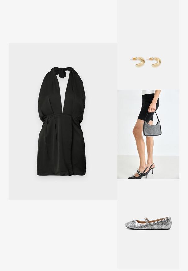 Sort halterneck-kjole med dyb V-udskæring, glat stof, samlet talje og bindebånd ved halsen. Enkel og strømlinet design.; Sølvglitter balletflade med rund tå, elastisk rem og minimal hæl. Struktureret overflade med metallisk glans og kontrasterende kant.; Sort perlehandtaske med en buet silhuet, bærehåndtag og blank overflade. Båret med højhælede sorte sko og tætsiddende sorte shorts.; Guld halvmåneformede øreringe med en glat overflade, der har orange accenter nær stiften og sølv hardware.