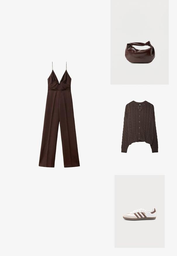Donkerbruine jumpsuit met wijde pijpen, dunne spaghetti-bandjes en een diepe V-hals met geplooid detail bij de buste.; Bruine gebreide cardigan met kabelpatroon, ronde halslijn en knoopsluiting. Ribgebreide manchetten en zoom voegen textuur toe aan het ontwerp.; Witte Adidas Samba sneaker met bruine suède strepen, bruine suède neus en gumzool op een lichtgrijze achtergrond.; Donkerbruine leren schoudertas met een zachte, slungelige vorm en een gedraaide knoopvormige handgreep op een effen witte achtergrond.