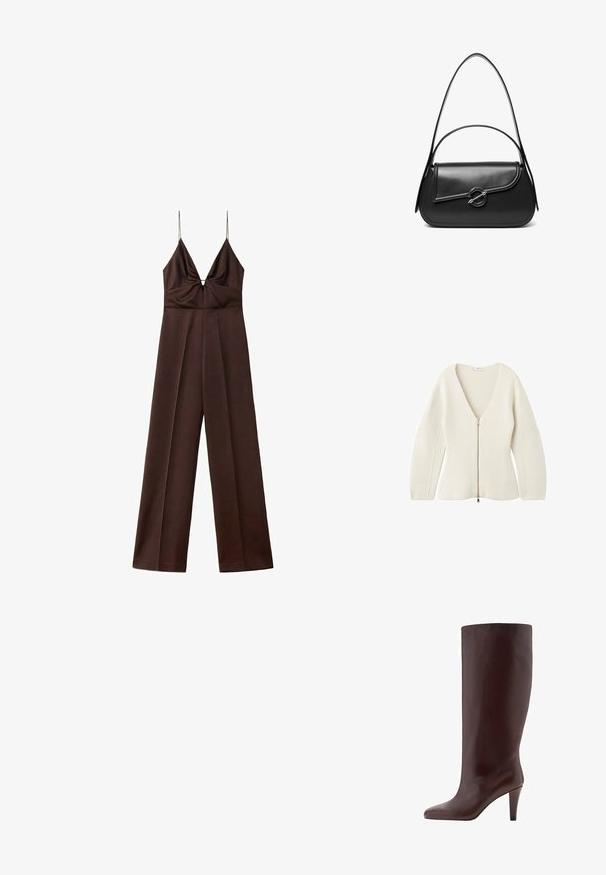 Combinaison marron foncé à jambes larges avec fines bretelles spaghetti et un décolleté en V profond avec un détail froncé à la poitrine.; Cardigan en tricot de couleur crème avec un décolleté en V profond et des manches longues, doté d'une fermeture éclair à l'avant avec un tirette en métal.; Botte en cuir marron, haute jusqu'au genou, avec un embout pointu et un talon aiguille. Texture lisse et design sans couture.; Sac à bandoulière en cuir noir avec un rabat incurvé fermé par un fermoir métallique rond et une sangle fine et ajustable.