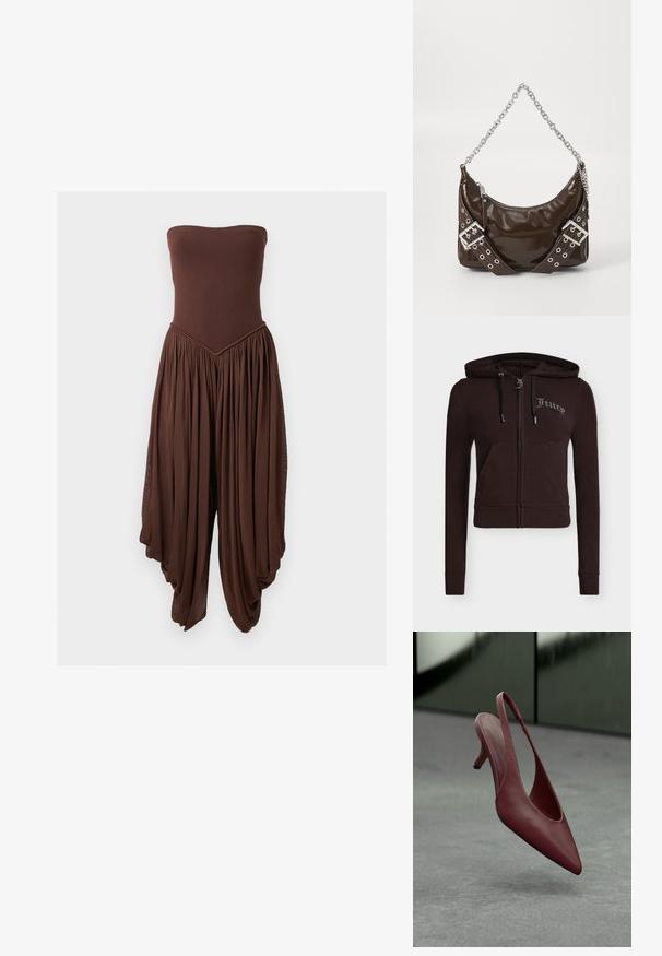 Combinaison marron sans bretelles avec corsage ajusté et pantalons larges, drapés et plissés créant une silhouette fluide.; Sweat à capuche zippé noir avec poches avant, capuche avec cordon, manches longues et texte "Juicy" brodé sur le côté gauche de la poitrine en strass.; Escarpin à talon kitten en cuir bourgogne avec bout pointu, flottant au-dessus d'une surface grise texturée devant un mur vert foncé.; Sac à main en cuir verni marron foncé avec une bandoulière en chaîne argentée, des ceintures décoratives à double boucle et une fermeture éclair.
