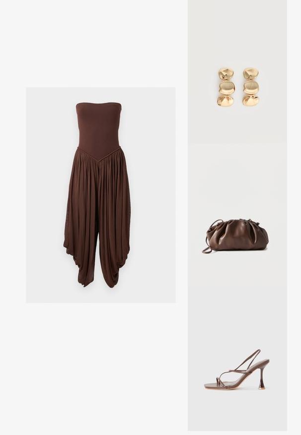 Brun stropløs jumpsuit med tætsiddende krop og brede, draperede, plisserede bukser, der skaber en flydende silhuet.; Brune stroppede højhælede sandaler med firkantet tå, slanke remme, en blank finish og en distinkt buet hæl.; Blød brun læderpung med samlet top og tynd strop, hvilende på hvid baggrund.; Øreringe i guldfarve med dråbeform og tre uregelmæssige, glatte, afrundede segmenter stablet lodret på en enkelt lys baggrund.