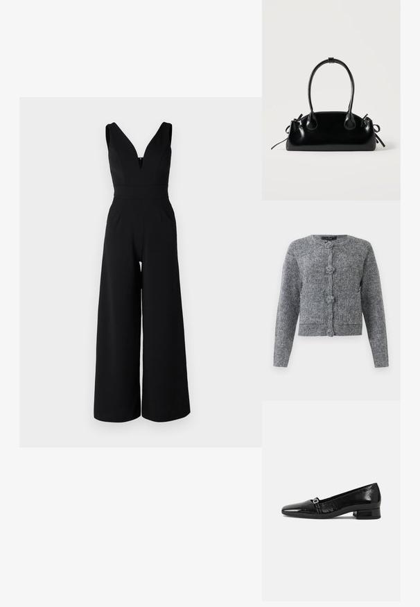WAL G PETITE LIVA - Jumpsuit - black; Grauer strukturierten Strickcardigan mit langen Ärmeln und vier großen dekorativen Knöpfen auf der Vorderseite.; Schwarze Lackleder-Ballettschuhe mit spitzem Zehenbereich, niedrigem quadratischem Absatz und einem kleinen metallischen Schnallenakzent am Riemen. Glatte Textur.; Kleine schwarze glänzende Handtasche mit zwei langen Griffen und seitlichen Kordelzug-Details vor einfachem hellem Hintergrund.