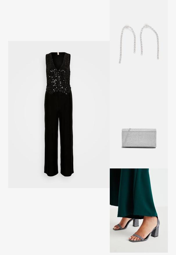 ONLY ONLLUCY VEST - Combinaison - black; Sandales à talons carrés en paillettes argentées avec deux fines brides et un orteil carré. Accompagnées d'un vêtement long jusqu'au sol de couleur vert foncé.; Pochette en métal argenté avec un design en maillage tissé, de forme rectangulaire, et une chaîne pour le transport. Texture lisse et finition polie.; Boucles d'oreilles en argent avec des chaînes pendantes, présentant plusieurs pierres précieuses claires disposées en motif linéaire, offrant un effet scintillant.
