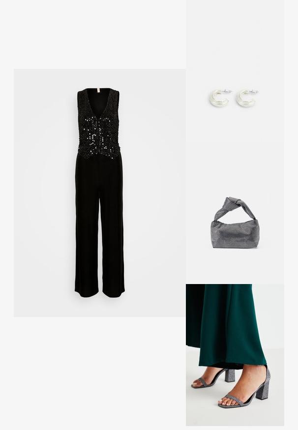 ONLY ONLLUCY VEST - Ολόσωμη φόρμα - black; Ασημένιες γυαλιστερές σανδάλια με τετράγωνη τακούνι, δύο λεπτές λωρίδες και τετράγωνη μύτη. Συνοδευόμενα από ένα σκούρο πράσινο ρούχο μήκους έως το έδαφος.; Μαύρη και ασημένια τσάντα χειρός με υφασμάτινη επιφάνεια που διαθέτει διαμαντένιο σχέδιο, κόμπο στη λαβή και δομημένο σχήμα.; Ασημένια σκουλαρίκια σε σχέδιο στροβιλιστού κρίκου, με υφή στην επιφάνεια και ραβδωτές λεπτομέρειες, ασφαλισμένα με κούμπωμα κοντάρι.
