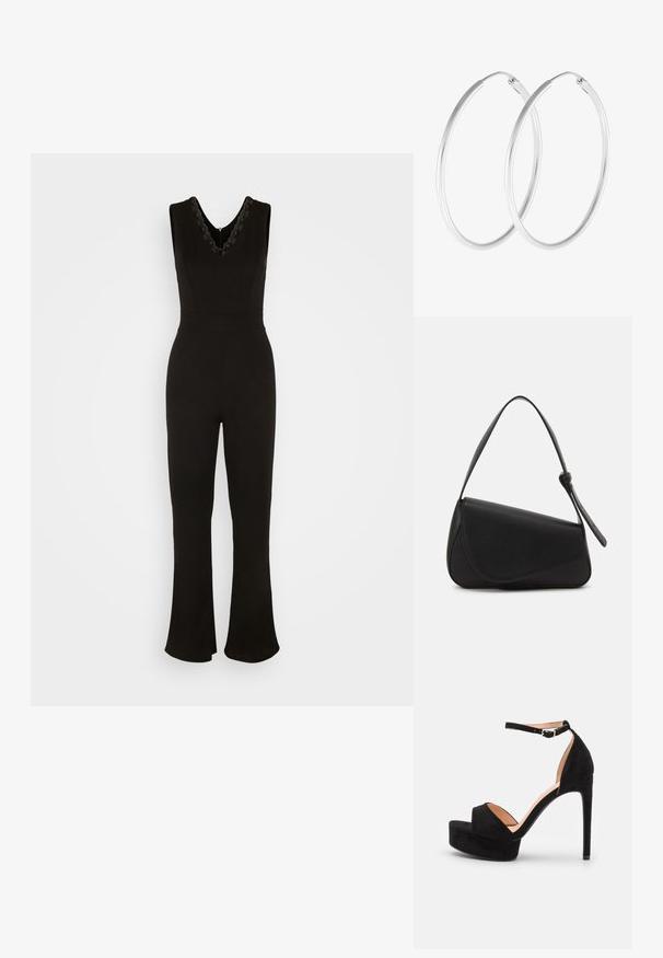 WAL G. BILLY V NECK - Jumpsuit - black; Zwarte suède hoge hakken sandaal met een platformzool, enkelband met zilveren beslag, open teen ontwerp en een gladde textuur.; Zwart leren handtas met een driehoekige vorm, schuine klep en een ronde handgreep. Heeft een gladde textuur en minimalistische ontwerpelementen.; Zilverkleurige oorringen met een gladde, ronde vorm en een gepolijste afwerking. Beide oorbellen zijn van dezelfde grootte en hebben een veilige sluitmechanisme.