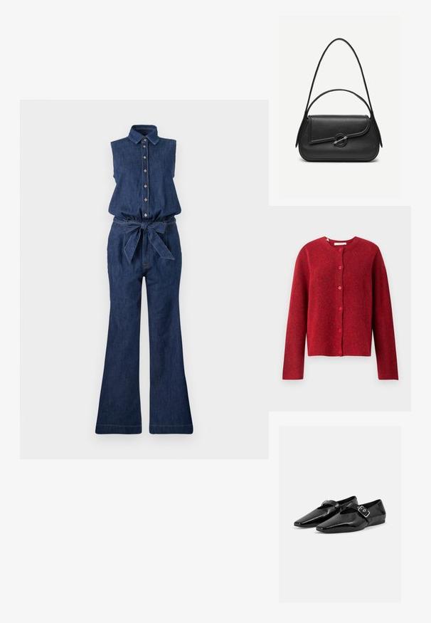 Denim jumpsuit met een mouwloos ontwerp, kraag, knoopsluiting aan de voorkant en een taille met riem. Heeft wijde broekspijpen en een donkerblauwe kleur.; Selected SLFLULU - Vest - equestrian red; Paar zwarte lakleren platte schoenen met puntige neuzen en een gespenriem over de bovenkant, getoond op een effen lichte achtergrond.; Zwarte leren handtas met afgeronde hoeken, asymmetrische klep, metalen ronde sluiting en zowel korte als lange schouderriemen.