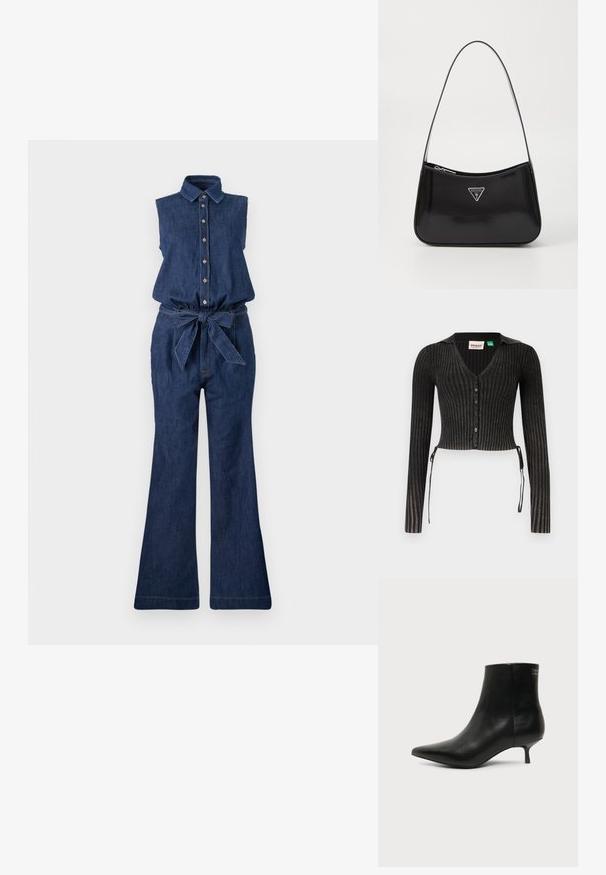 Denim jumpsuit met een mouwloos ontwerp, kraag, knoopsluiting aan de voorkant en een taille met riem. Heeft wijde broekspijpen en een donkerblauwe kleur.; Zwarte geribde cropped cardigan met lange mouwen, V-hals, knoopsluiting en zijstrikjes. Heeft een gestructureerd breipatroon.; Zwart leren enkellaars met puntige neus en lage kittenhak op lichte achtergrond, zijaanzicht buitenkant.; Zwarte lakleren schoudertas met een gebogen vorm, voorzien van een zilveren driehoeklogo en een ritssluiting. Gladde textuur en slanke schouderband.