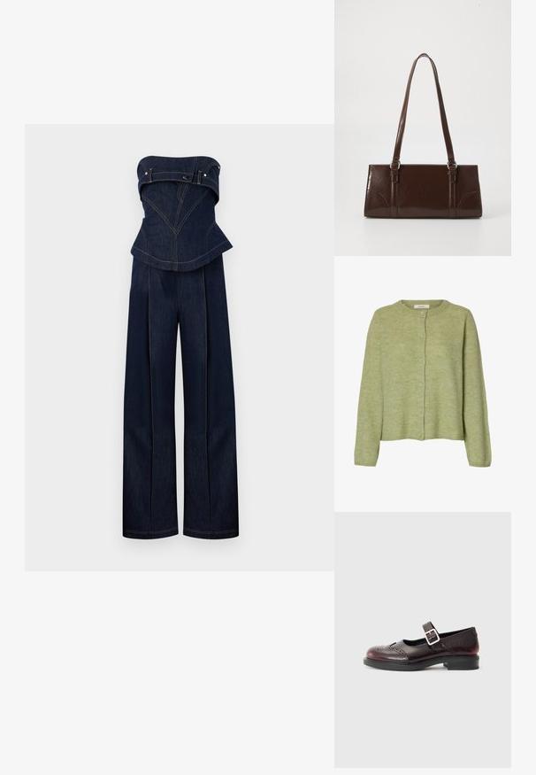 Dunkelblauer Denim-Trägerloser Jumpsuit mit strukturiertem Oberteil und weitem Bein, mit kontrastierenden Nähten und Gürteldetails an der Brust.; Hellgrüne, gestrickte Langarm-Strickjacke mit rundem Ausschnitt und sechs Knöpfen vorne, mit dem Label „Selected.“; Mary-Jane-Schuhe aus dunkelburgunderfarbenem Lackleder, mit gestanzten Details und einem geschnallten Riemen. Niedriger Blockabsatz, runde Zehenform.; Braune Lackleder-Handtasche in rechteckiger Form, mit zwei langen Griffen und subtilen, geschwungenen Akzenten auf der Vorderseite.