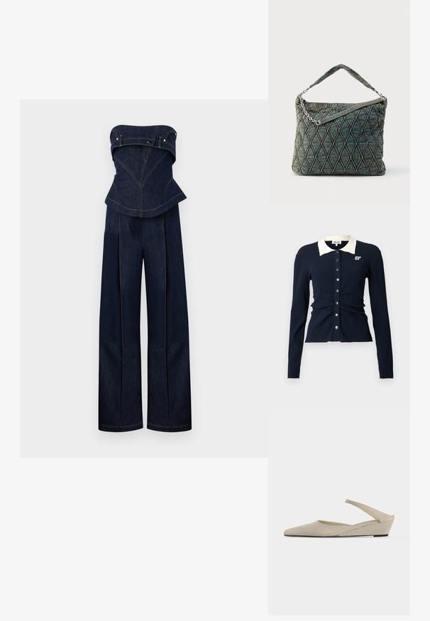 Combinaison en denim bleu foncé sans bretelles avec haut structuré et pantalon à jambes larges, avec coutures contrastées et détails de ceinture au niveau de la poitrine.; Cardigan bleu marine côtelé à manches longues avec col blanc, présentant un détail plissé et de gros boutons sur le devant, avec un logo sur la poitrine gauche.; Chaussure slingback beige à petit talon compensé, bout pointu et finition mate lisse, présentée de profil sur fond blanc.; Sac à bandoulière en denim matelassé bleu foncé, avec une poignée en chaîne et un motif discret en losanges avec des coutures contrastantes.