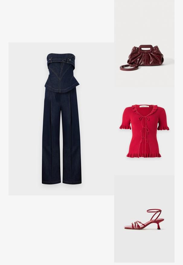 Mørkeblå denim stropløs jumpsuit med struktureret top og vidde bukser, med kontrastsyninger og bælte-detaljer ved brystet.; Rød ribbet kortærmet top med flæsekant og tre bundne sløjfer ned foran, med V-hals og tætsiddende silhuet.; Røde lakerede lædersandaler har tre tåremme og en justerbar ankelrem. Hælen har en stilfuld blokform, cirka 5 cm høj.; Lille mørkerød læderhåndtaske med opsamlet struktur, rektangulært håndudskåret håndtag og aftagelig skulderrem på hvid baggrund.