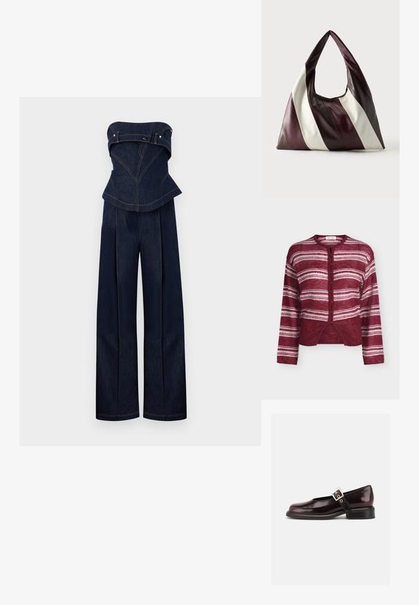Combinaison en denim bleu foncé sans bretelles avec haut structuré et pantalon à jambes larges, avec coutures contrastées et détails de ceinture au niveau de la poitrine.; Cardigan bordeaux boutonné avec des rayures blanches horizontales, manches longues et col rond, présenté sur un fond uni.; Chaussure Mary Jane unique brillante couleur bordeaux foncé avec une large bride et une boucle argentée, talon bloc bas et bout arrondi sur fond blanc.; Grand sac à main triangulaire en cuir avec de larges rayures diagonales marron foncé, bordeaux et crème sur un fond uni.