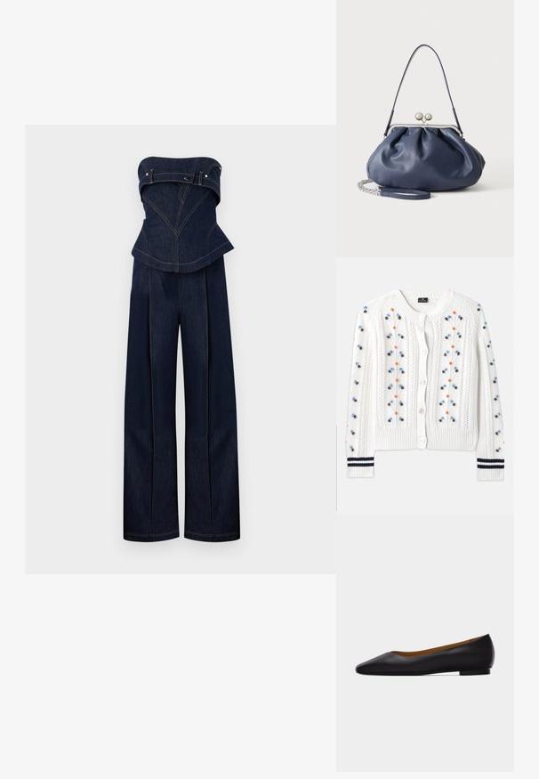 Mono vaquero azul oscuro sin tirantes con parte superior estructurada y pantalones de pierna ancha, con costuras a contraste y detalles de cinturón en el busto.; Cárdigan blanco de punto con bordados florales multicolores, que presenta un dobladillo y puños acanalados con rayas azul marino y cierre de botones.; Zapato plano de punta puntiaguda de cuero negro con tacón bajo y acabado liso, mostrado de perfil sobre un fondo gris claro.; Bolso de mano de cuero azul marino suave con cierre de broche plateado, una correa de hombro y correa de cadena desmontable para la muñeca sobre fondo blanco.