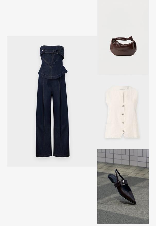 Combinaison en denim bleu foncé sans bretelles avec haut structuré et pantalon à jambes larges, avec coutures contrastées et détails de ceinture au niveau de la poitrine.; Veste sans manches en lin beige avec quatre boutons sur le devant et deux poches passepoilées à la taille.; Chaussure plate à bout pointu marron foncé avec bride arrière, large sangle et grande boucle argentée sur l'asphalte près d'un mur carrelé.; Sac bandoulière en cuir marron foncé avec une forme souple et décontractée et une anse nouée torsadée sur un fond blanc uni.