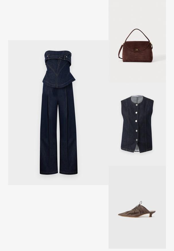 Donkerblauwe denim strapless jumpsuit met gestructureerde top en wijde broekspijpen, met contrasterende stiknaden en riemdetails op de borst.; Donkerblauwe mouwloze denim vest met ronde halslijn en vijf metalen knopen aan de voorkant, met een lichtgrijze voering zichtbaar bij de kraag.; Bruine leren muil met een puntige neus, geraffineerde textuur, kleine hak en een trekkoordaccent bij de opening. Vlotte afwerking.; Bruine suède handtas met een enkele bovenste handgreep, klepsluiting en goudkleurige draaivergrendeling op een effen lichte achtergrond.