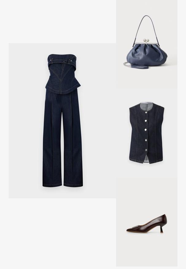Dunkelblauer Denim-Trägerloser Jumpsuit mit strukturiertem Oberteil und weitem Bein, mit kontrastierenden Nähten und Gürteldetails an der Brust.; Dunkelblaues, ärmelloses Denim-Weste mit runder Ausschnitt und fünf metallischen Knöpfen auf der Vorderseite, die ein hellgraues Innenfutter am Kragen zeigen.; Dunkelbrauner Leder-Damenschuh mit niedrigem Absatz, spitzer Kappe und dekorativer Schnalle auf neutralem Hintergrund.; Weiche navyblaue Ledertasche mit silberner Verschlussklammer, einem einzelnen Schulterriemen und abnehmbarem Ketten-Handgelenksriemen auf weißem Hintergrund.