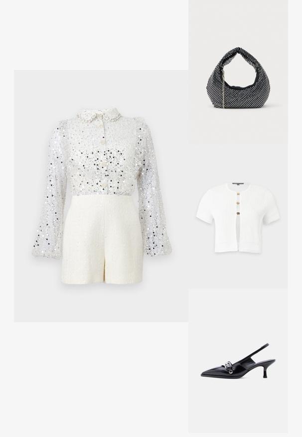 Blouse blanche à manches longues à sequins, boutonnée avec col, associée à un short blanc texturé taille haute, sur fond sans détails.; Cardigan blanc à manches courtes en maille côtelée avec trois boutons-pression dorés et motifs tricotés décoratifs sur les manches et l’ourlet.; Chaussure à talon bas en cuir verni noir avec bride arrière, bout pointu et détail boucle argentée sur fond blanc uni.; Sac à main en maille noire orné de clous en argent, avec une poignée incurvée et une bandoulière en chaîne. Texture douce avec une forme arrondie.
