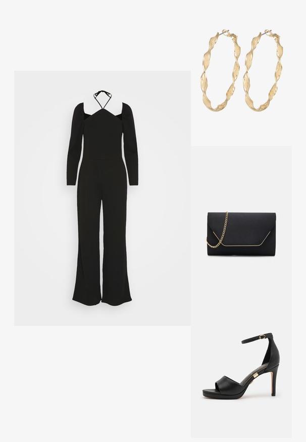Even&Odd by Zalando Buksedragter - black; Sorte læder højhælede sandaler med åben tå og ankelrem. Har en glat finish, et guldfarvet accenter nær hælen og et buet design.; Sort clutch taske med en glat overflade, prydet med en guldkæde-rem og en geometrisk flaplukning, der er indrammet i guld.; Guldtonede snoede hoop øreringe med en tekstureret overflade og en sikker lås. Designet har svungne mønstre, der skaber dybde.